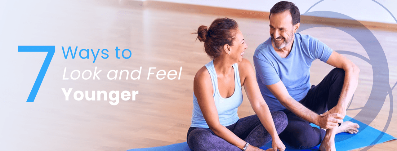 Article cover, '7 Ways to Look and Feel Younger' with a man and a woman sitting on a blue yoga mat. - proBLENopathy