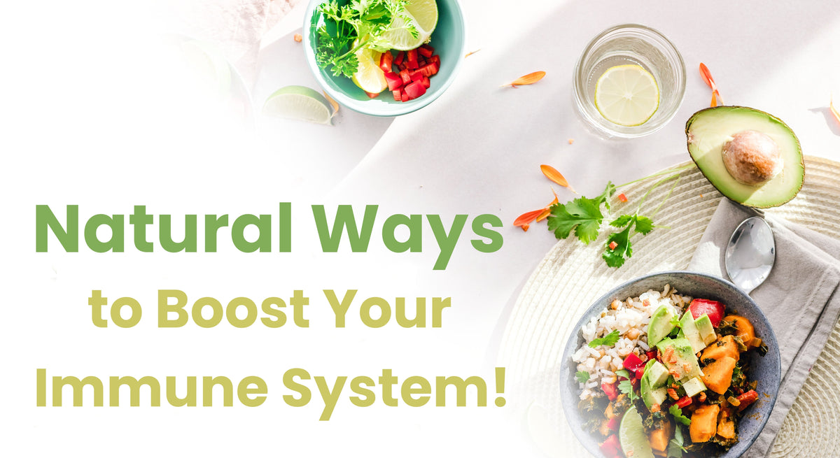 Article cover for, '9 Natural Ways to Boost Your Immune System' with healthy foods on a white background. - proBLENopathy