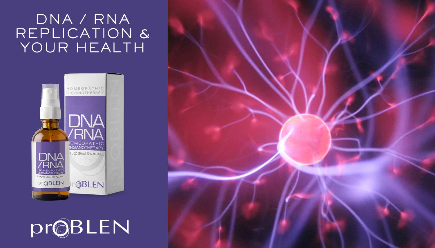 Article cover for 'DNA and RNA's Replication to Your Health' with the purple bottle of DNA/RNA product with a cellular image. - proBLENopathy