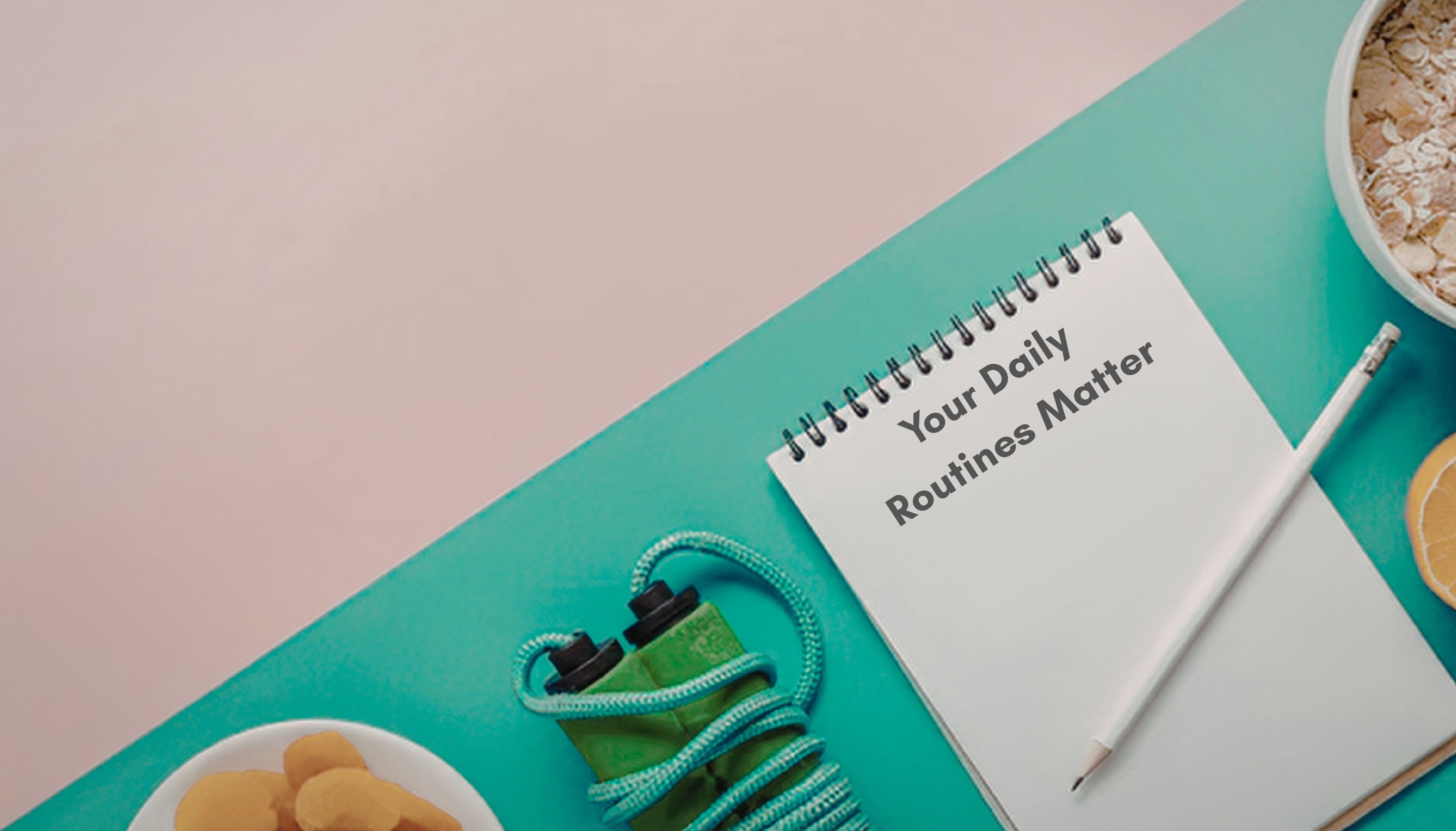 Article cover for “How proBLENopathy Can Benefit Your Routines” with a journal with the title of the article on the top, a pencil resting on it, a jump rope next to it, and bowls of healthy food surrounding all of it.