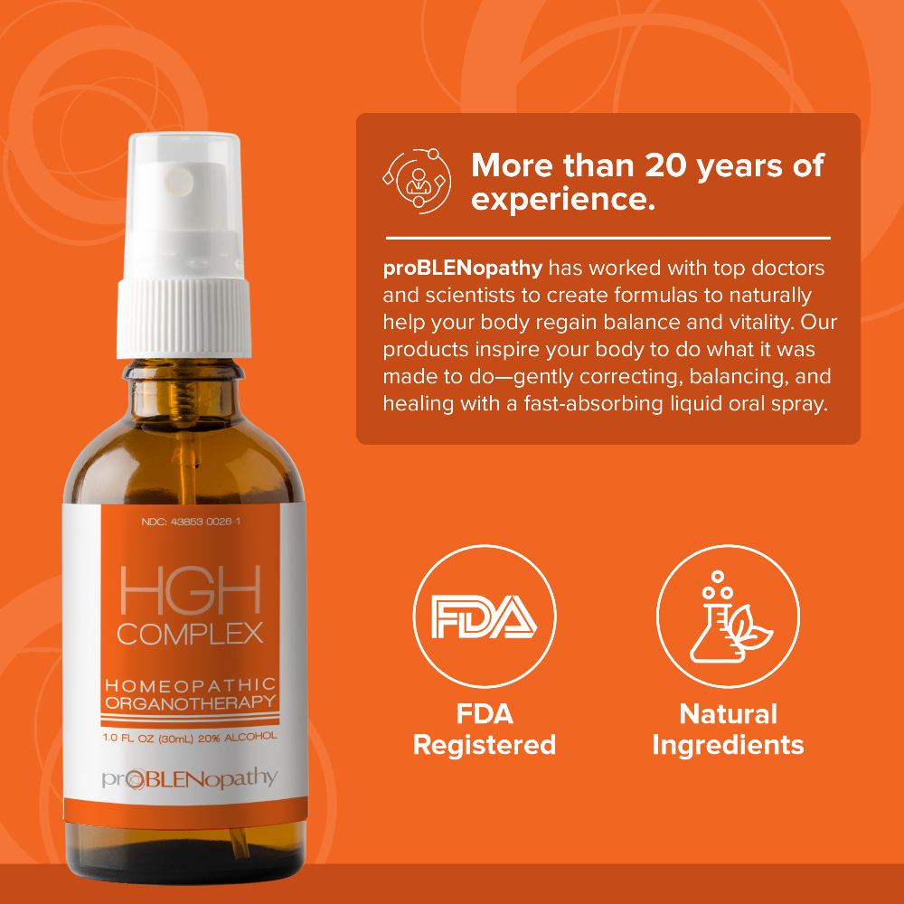 Bottle of HGH Complex with FDA registration banner and natural ingredients claims on an orange background.