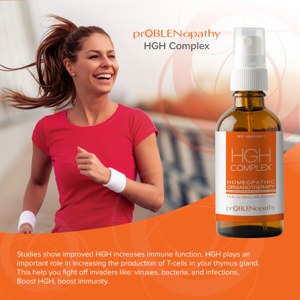 Bottle of HGH Complex with woman running, featuring text about the product's benefits.