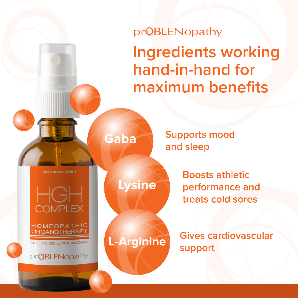 Bottle of HGH Complex with list of ingredients on a white background.