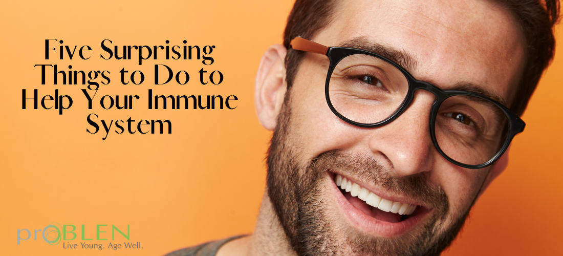 Article cover for 'Five Surprising Things to Do to Help Your Immune System' with a man smiling on an orange background.