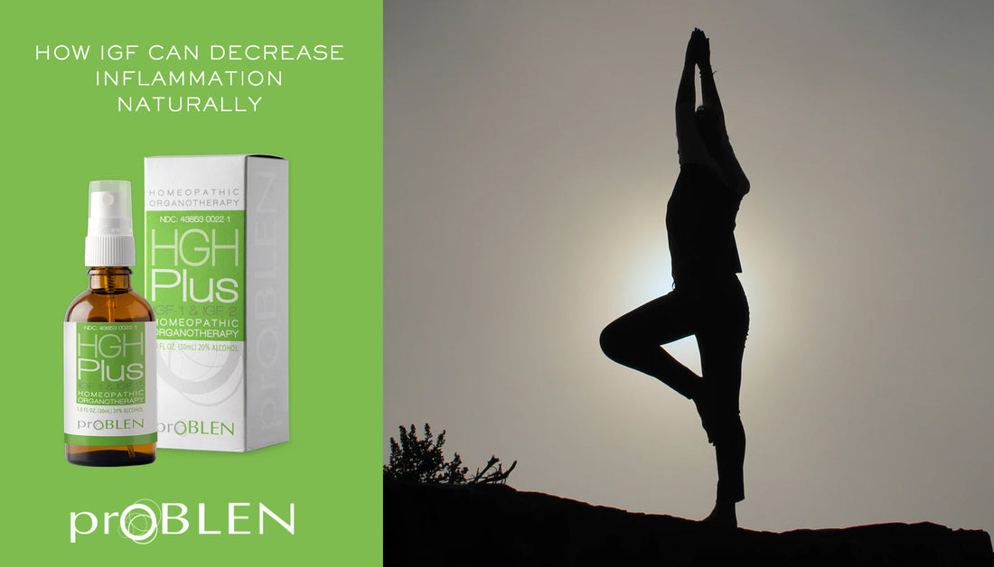 Article cover for 'How IGF Can Decrease Inflammation Naturally' with a woman doing yoga on a hill and a bottle of HGH Plus on a green background. - proBLENopathy
