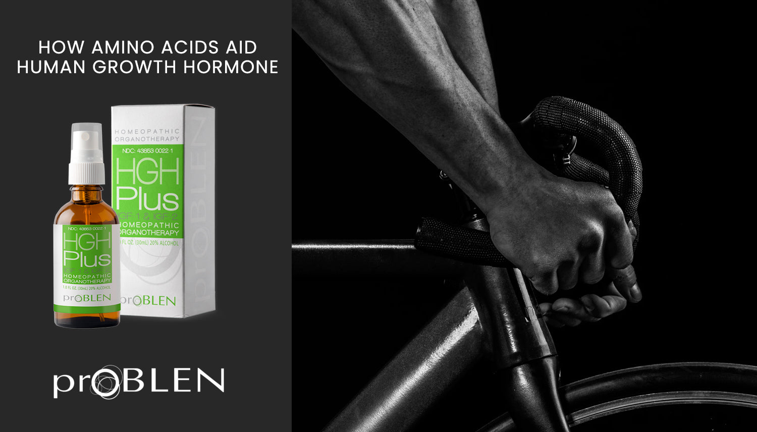 Article cover of 'How Amino Acids Aid Human Growth Hormone' with a man working out and a bottle of HGH Plus. - proBLENopathy