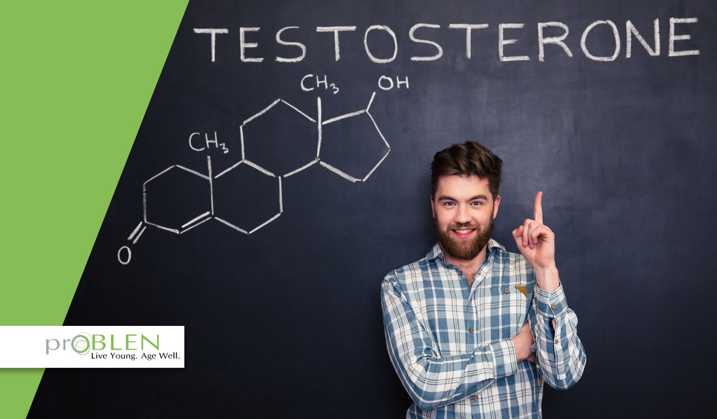 Article cover for 'Testosterone Imbalances: Signs and Symptoms' with a man pointing at the word Testosterone with the scientific symbol for it.