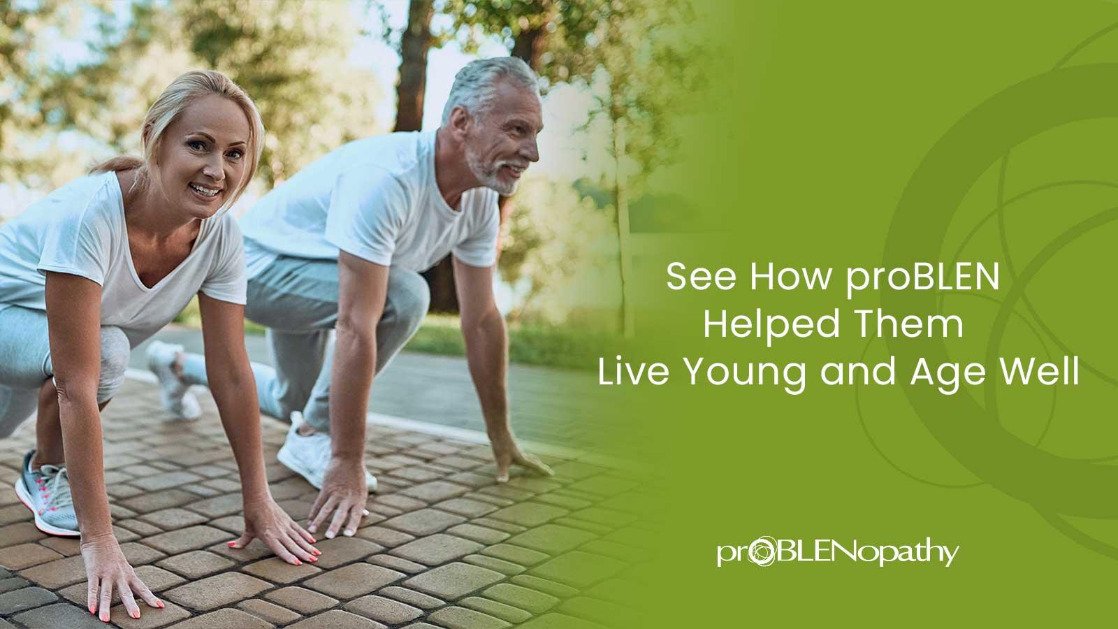 Article cover of 'How proBLEN is Changing Lives: Live Young and Age Well with These Homeopathic Supplements' with a man and a woman stretching outside. - proBLENopathy
