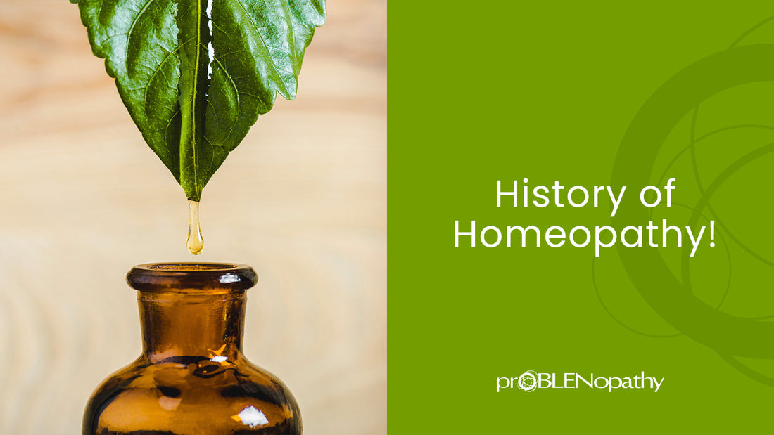 Article cover for 'The History of Homeopathy' with a leaf spilling liquid into a brown bottle. - proBLENopathy
