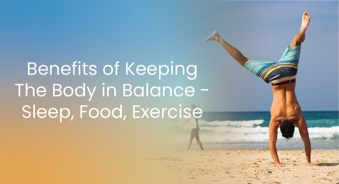 Article cover for 'Benefits Of Keeping The Body In Balance' with a man on the beach doing a cartwheel. - Sleep, Food, Exercise - proBLENopathy