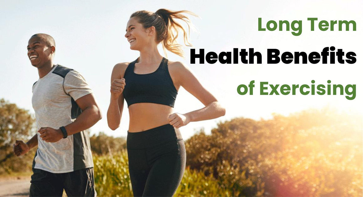 Article cover for 'Long Term Health Benefits of Exercising' with two people running outside. - proBLENopathy