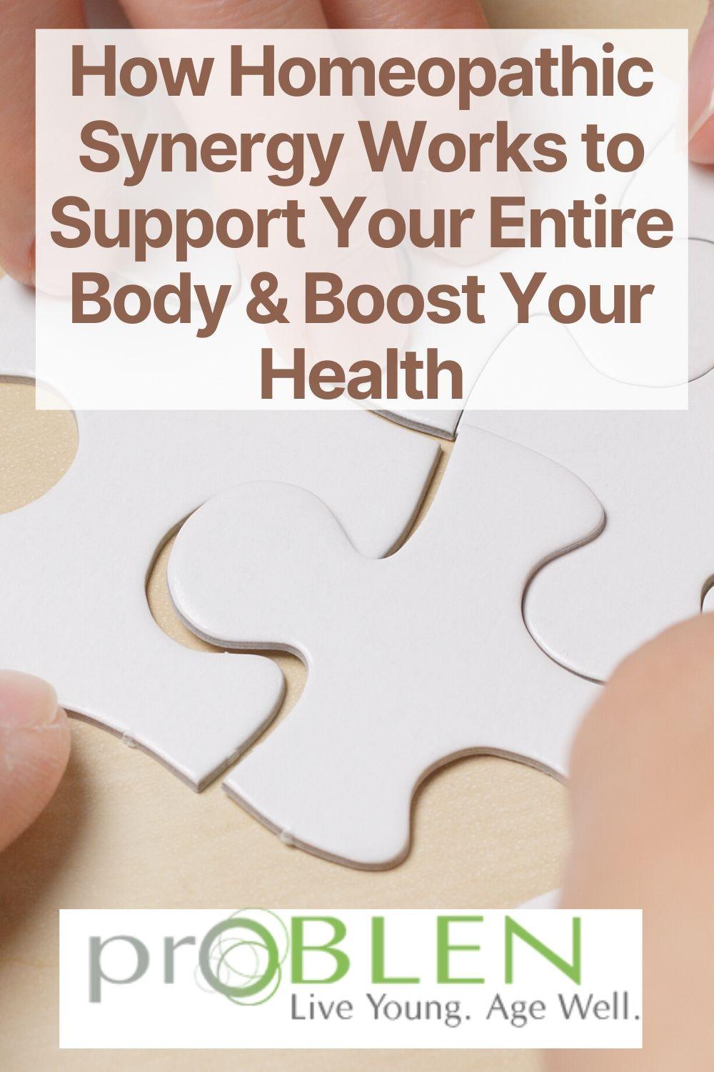 Article cover for 'Homeopathic Synergy: Combine Your Boosters for More Amazing Results' with white puzzle pieces conneting - proBLENopathy