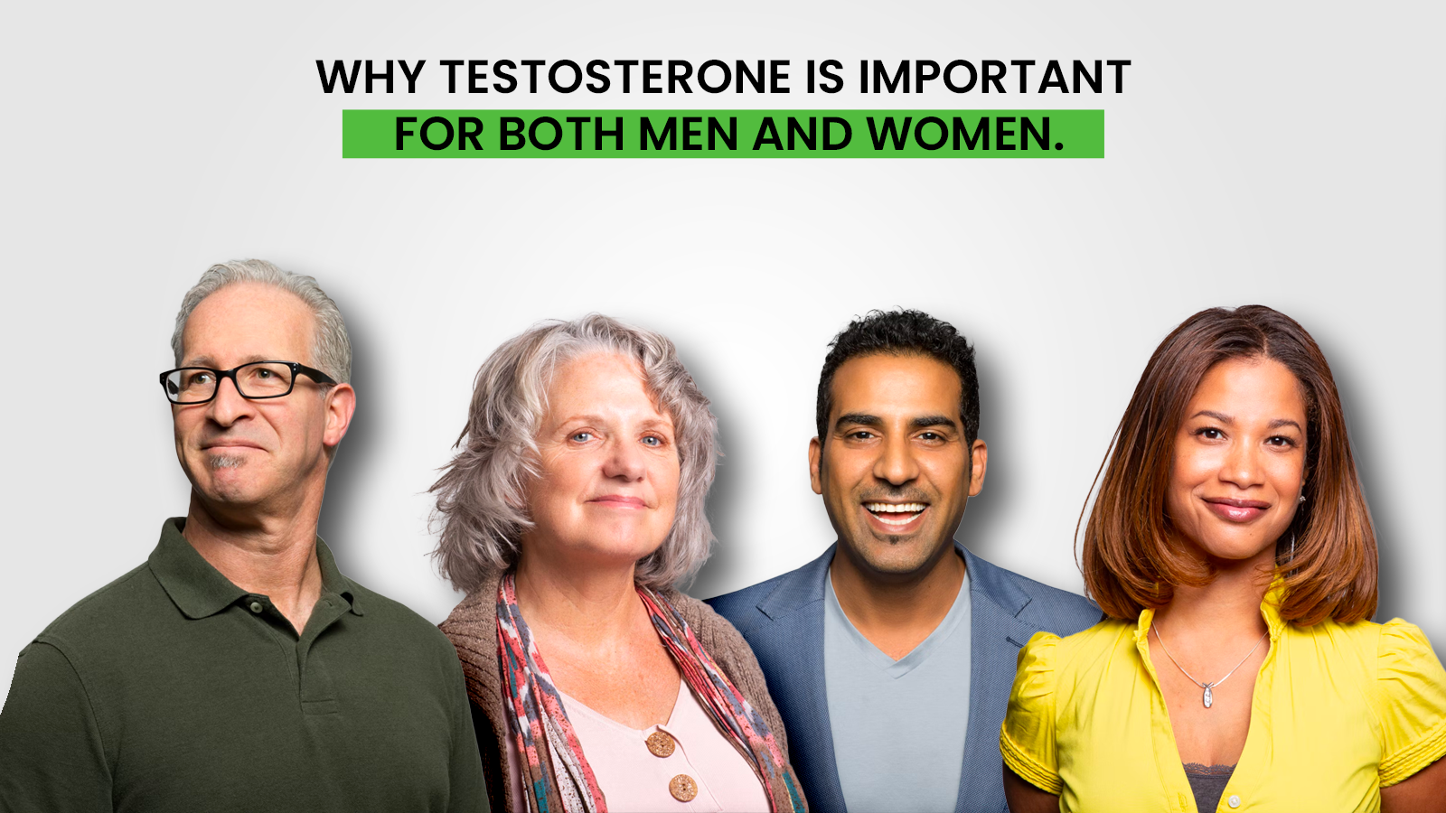 Article cover for 'Why Testosterone is Important for Both Men and Women' with four people on a white background smiling.