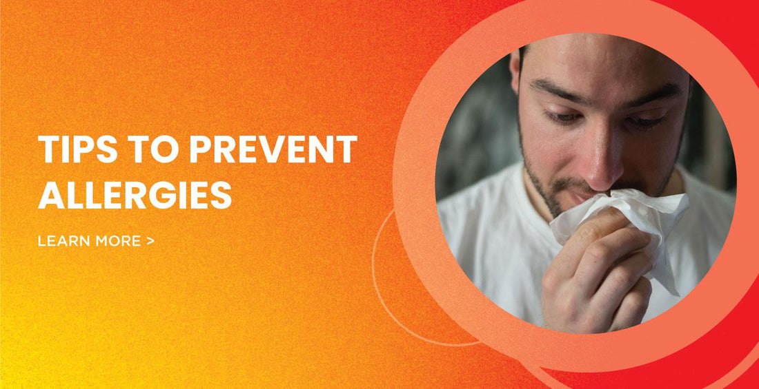 Article cover for, 'Tips On How To Prevent Allergies' with a man holding a tissue near his nose. - proBLENopathy