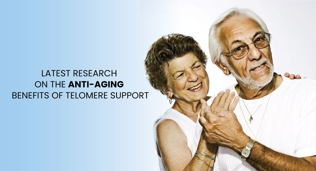 Article cover for 'Latest Research On The Anti-Aging Benefits Of Telomere Support' with an older man and woman smiling holding hands. - proBLENopathy
