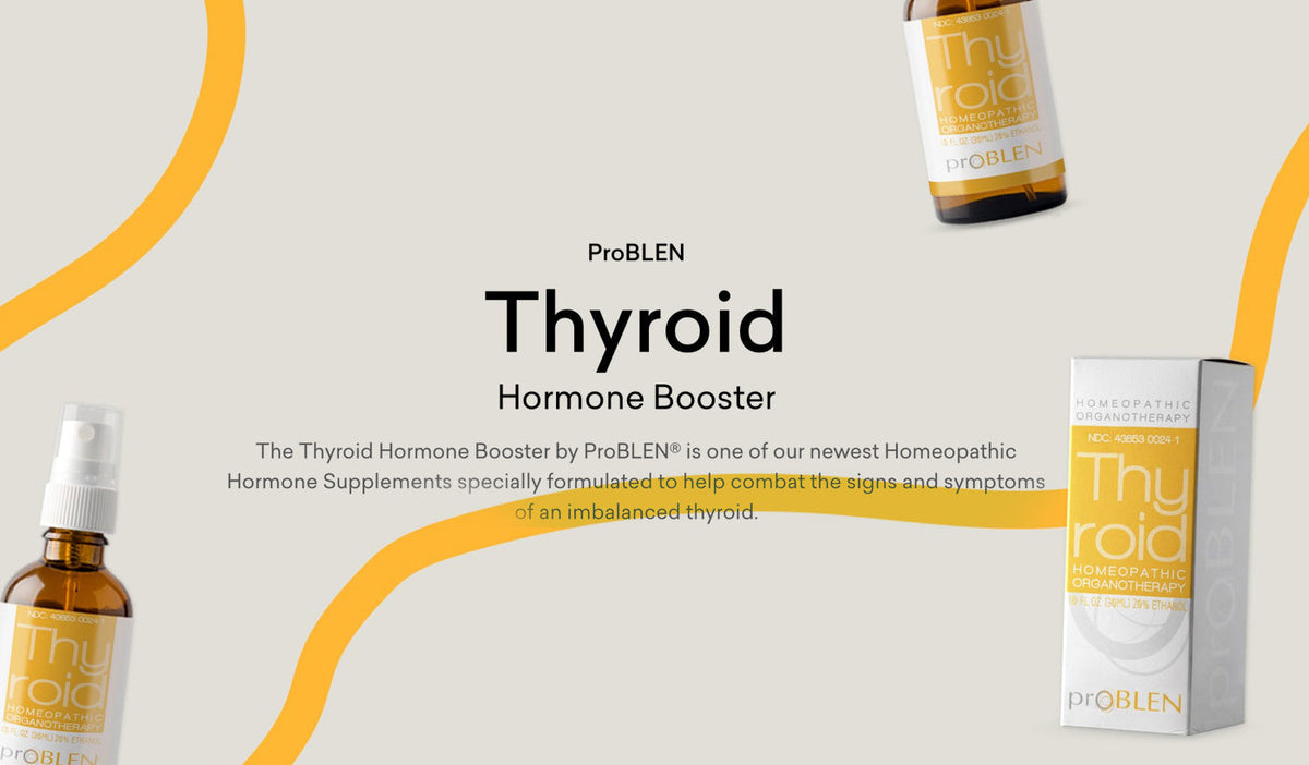 Article cover for, 'Thyroid Repair proBLEN in Combination with Natural Remedies' with the  Thyroid Hormone Booster bottle and package on a tan background.- proBLENopathy