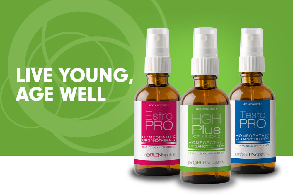 Three bottles of 'Estro Pro', 'HGH Plus', and 'Testo Pro' on a green background with text 'Live Young, Age Well.'
