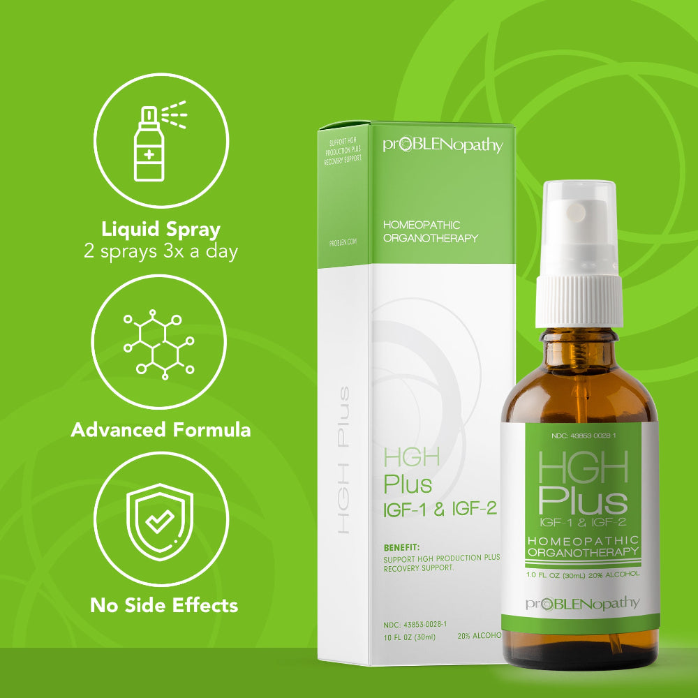 HGH Plus bottle in a green background next to a benefits list.