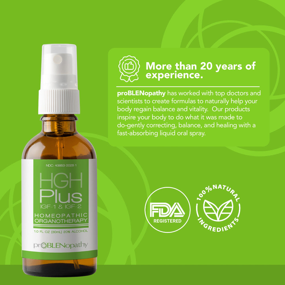 HGH Plus bottle on a green background with an informational next to it and all under a FDA registration label.