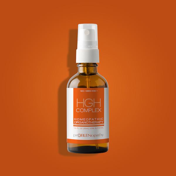 Bottle of HGH Complex on an orange background