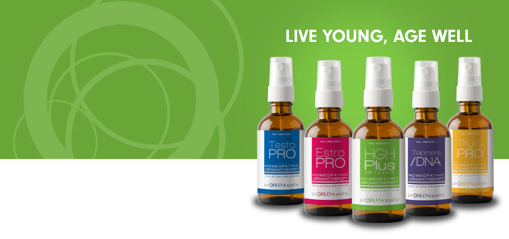 Row of health product bottles with a green background and text 'Live Young, Age Well.'