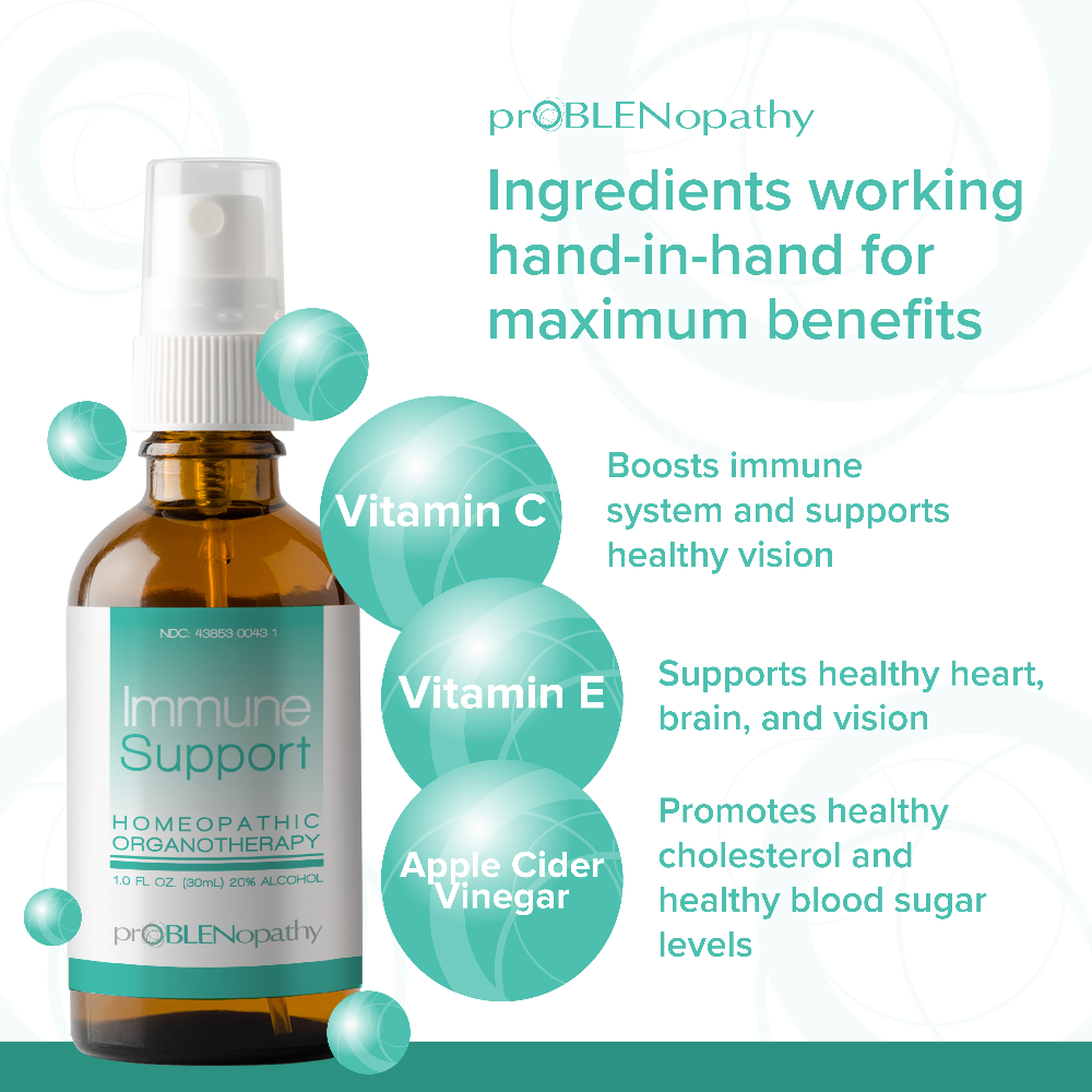 Bottle of Immune Support homeopathic spray with text about ingredients and benefits on a white background.