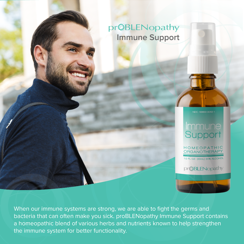Bottle of proBLENopathy Immune Support with a man in the background.