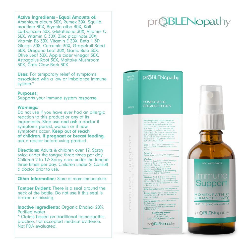 proBLENopathy Immune Support product with packaging and label details on a white background.