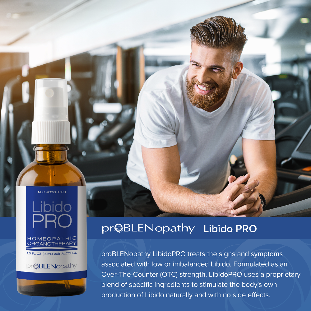 Man in a gym with LibidoPRO bottle to the left of him, featuring product details.