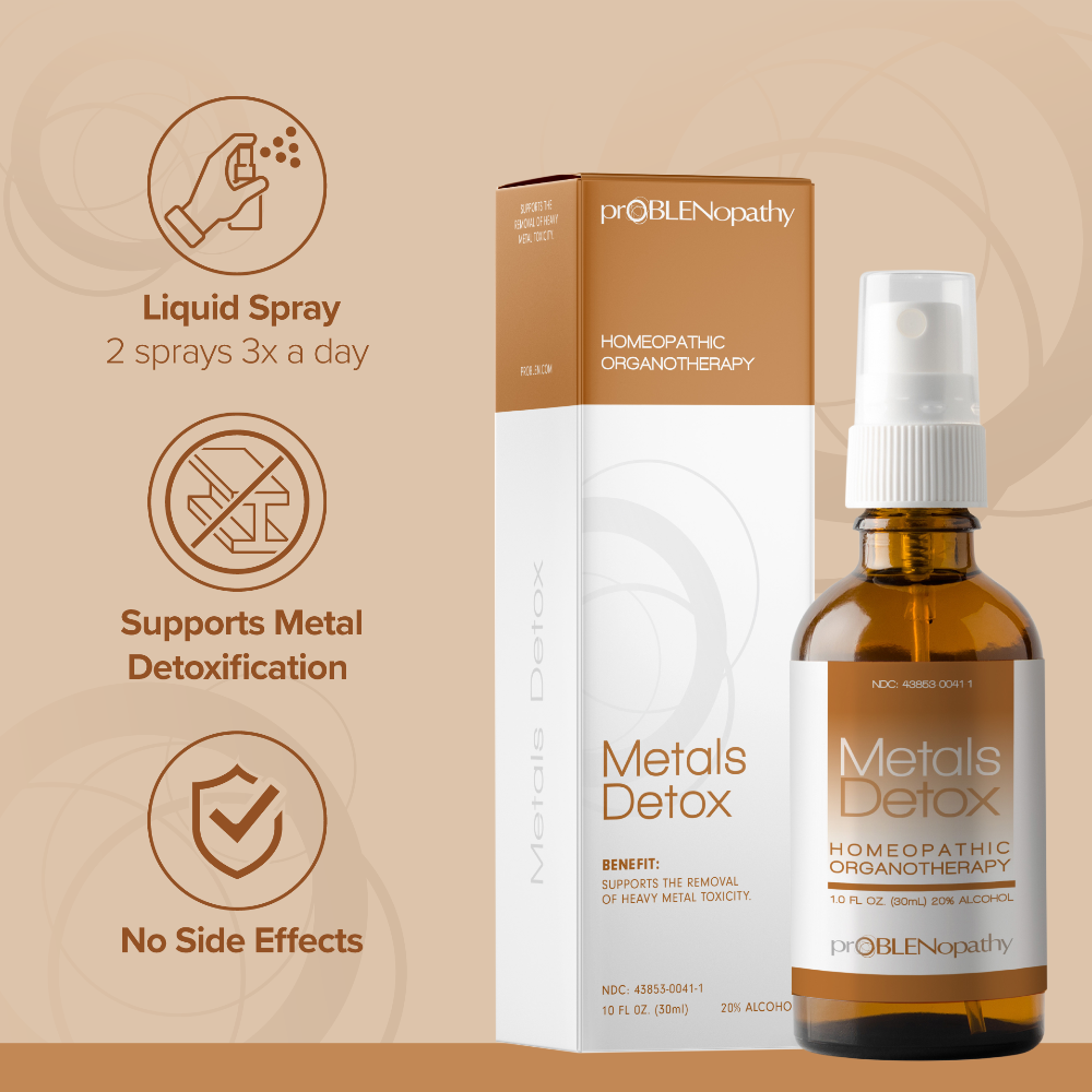 proBLENopathy Metals Detox spray bottle and packaging on a beige background.