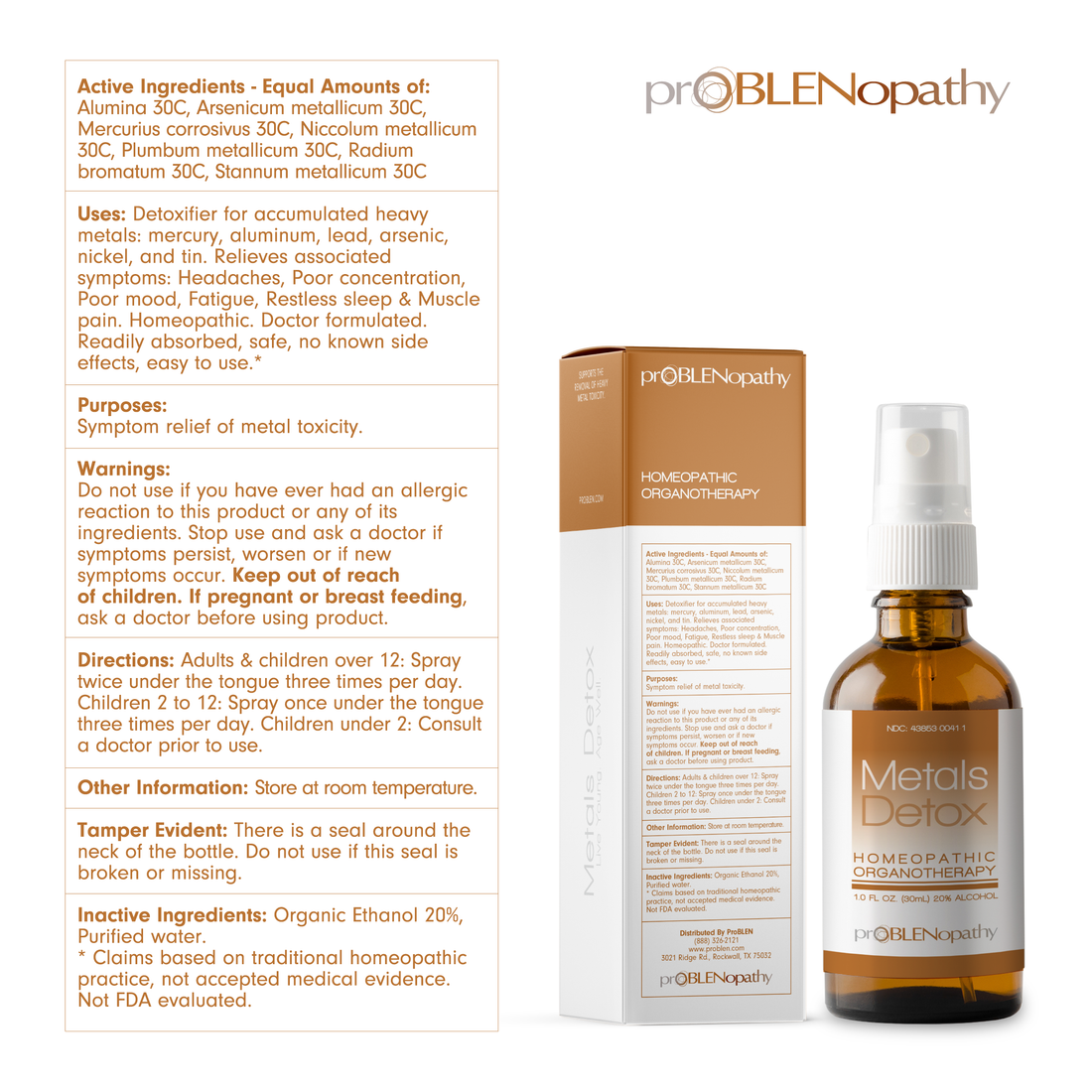 proBLENopathy Metals Detox bottle with information of the product and packaging on a white background.