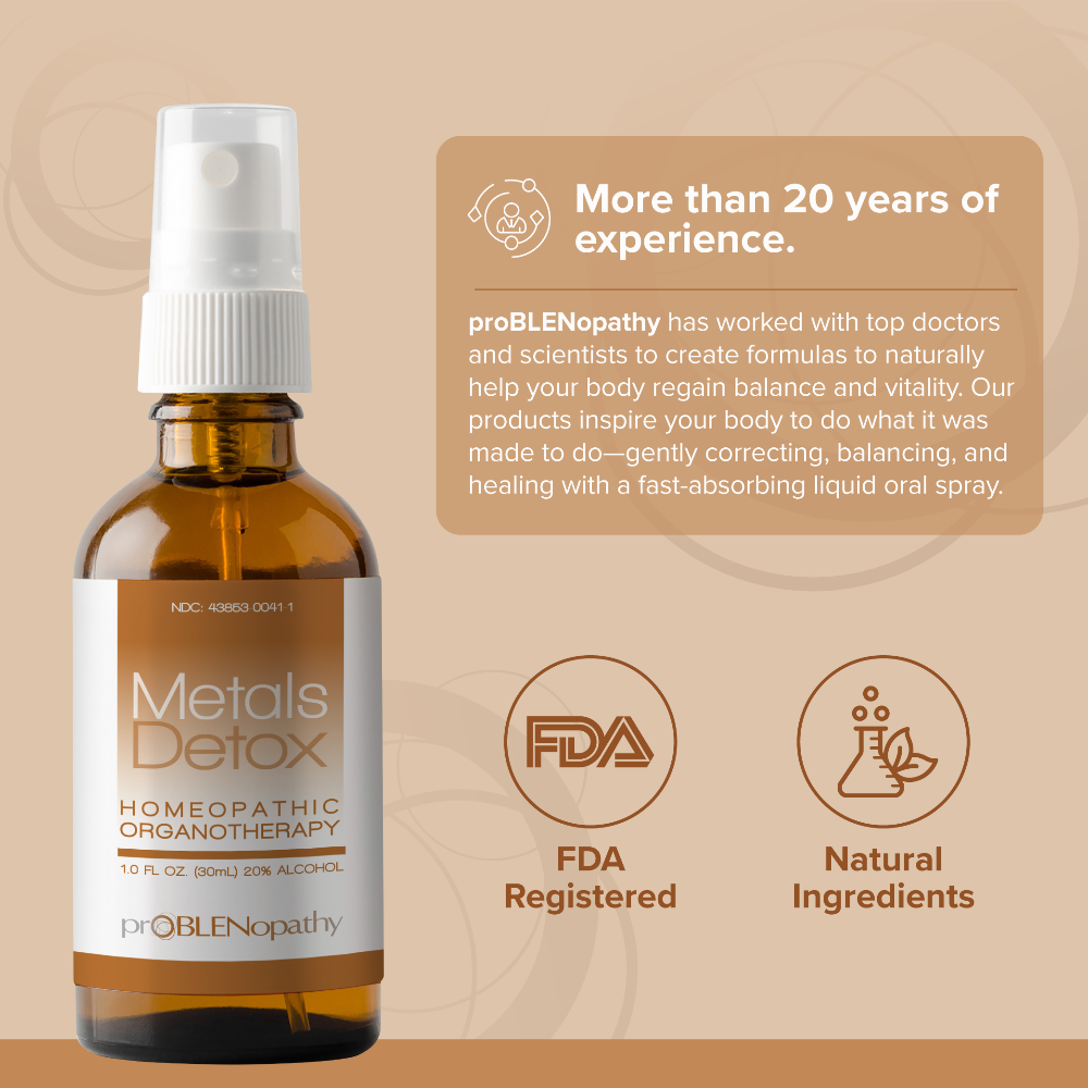 Bottle of proBLENopathy Metals Detox with promotional text on a beige background.