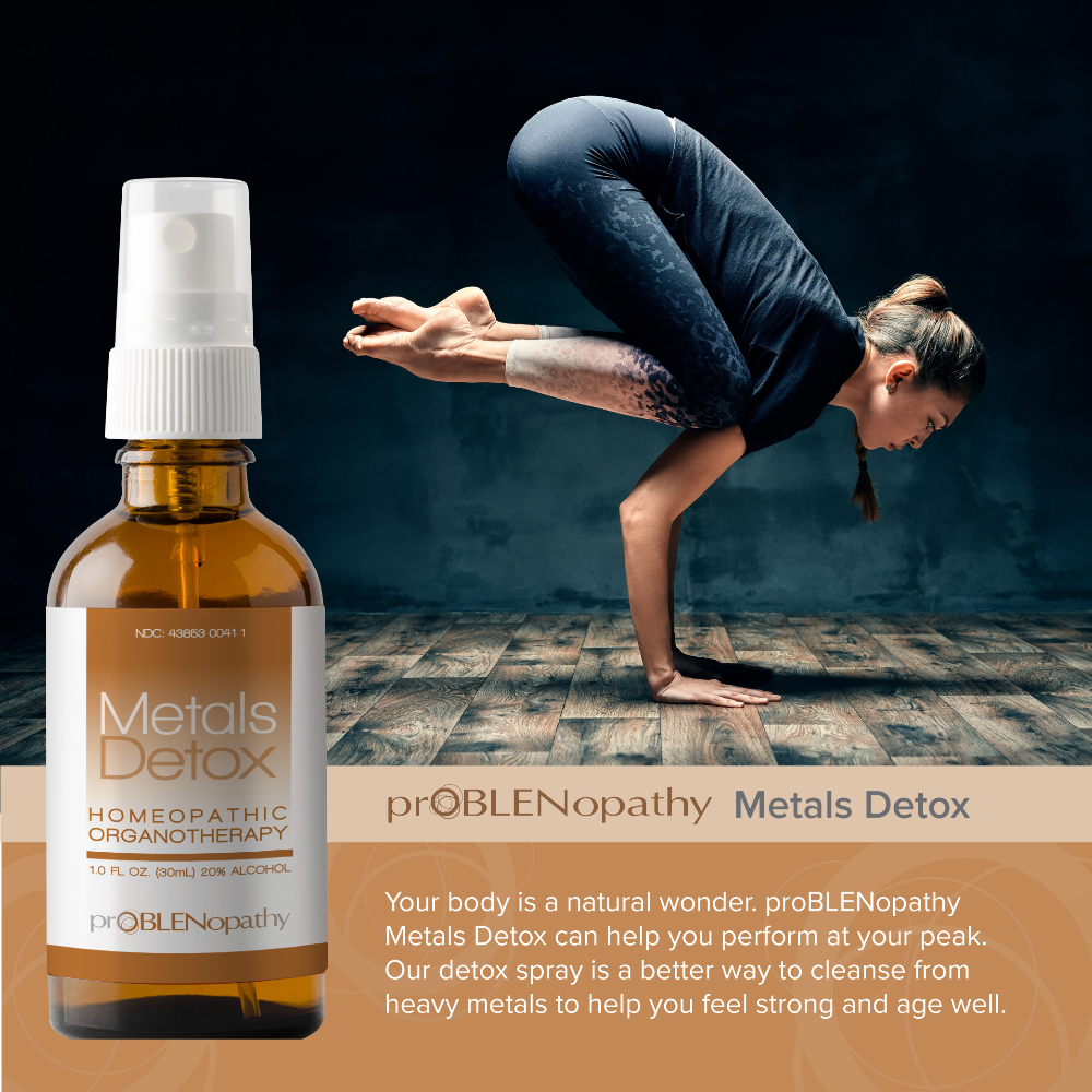 Bottle of proBLENopathy Metals Detox with a woman in a yoga pose on a wooden floor.