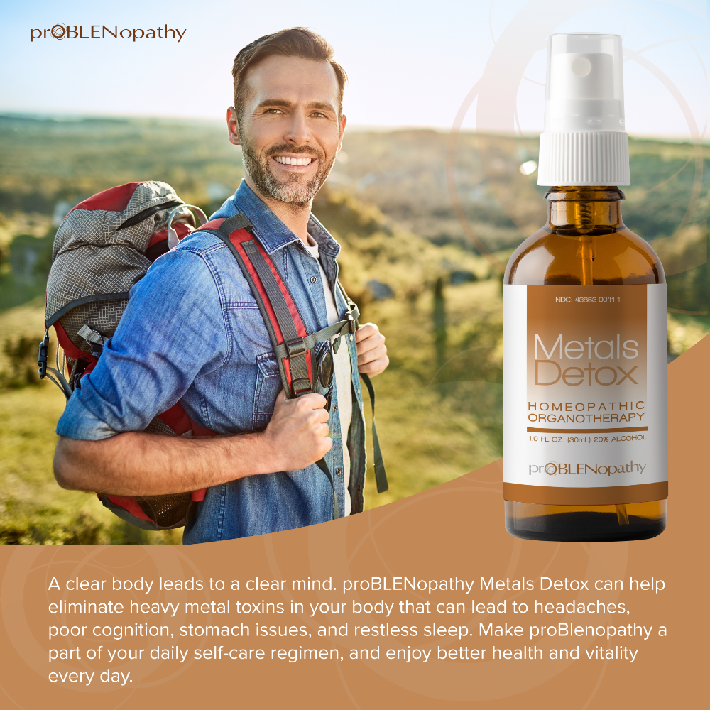 Man with hiking and a proBLENopathy Metals Detox bottle against a scenic background.