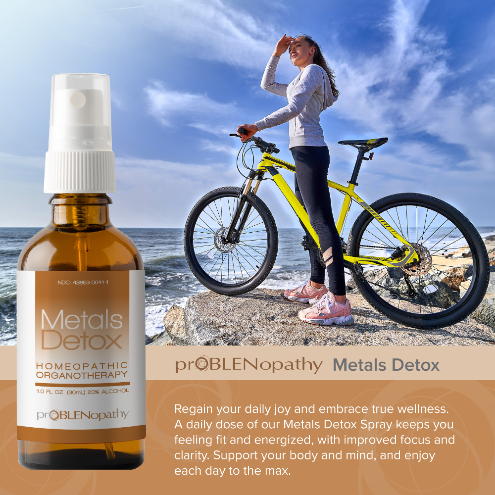 Bottle of proBLENopathy Metals Detox spray with a woman on a bike by the ocean.