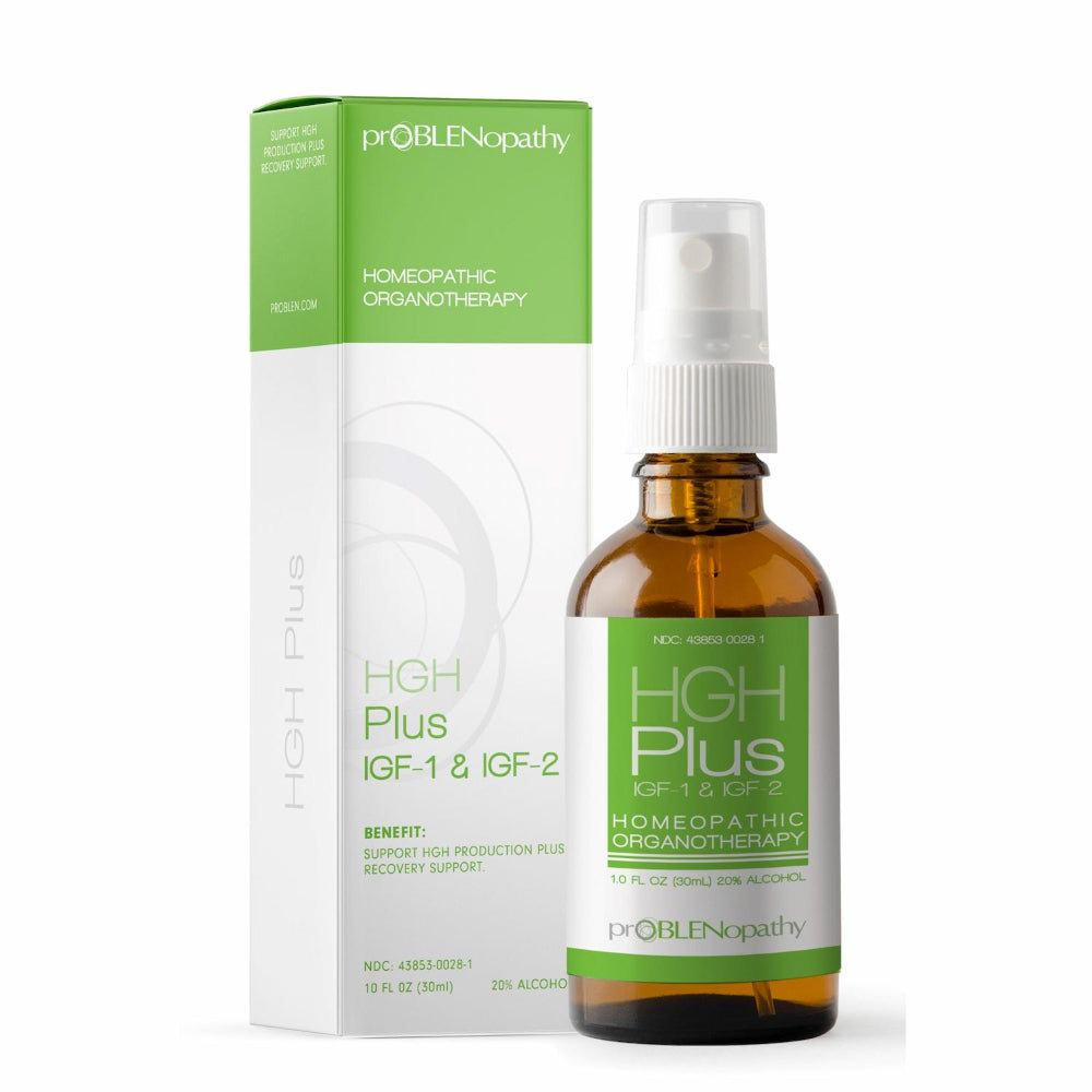 HGH Plus spray bottle on a white background.