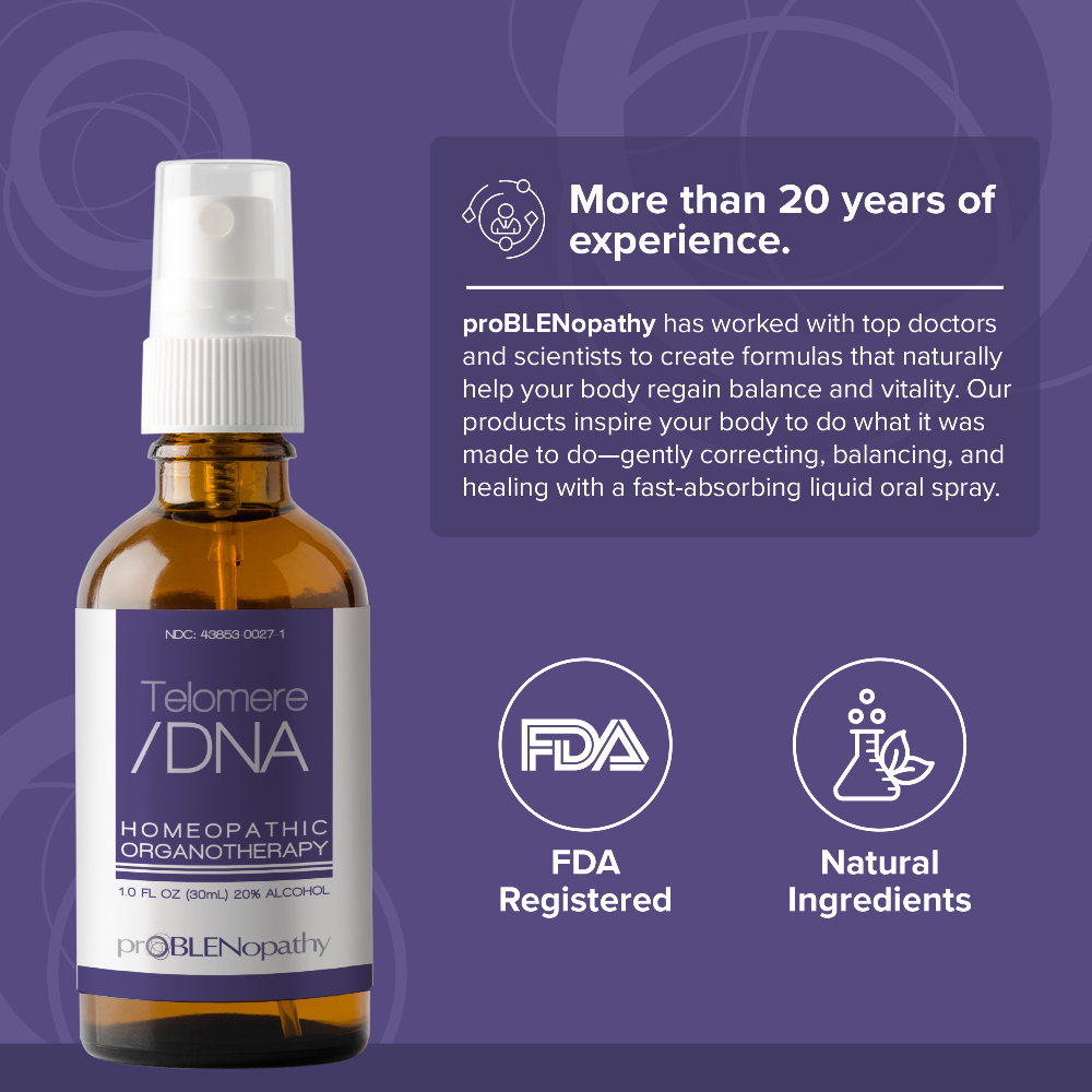 Bottle of Telomere/DNA with promotional text on a purple background.