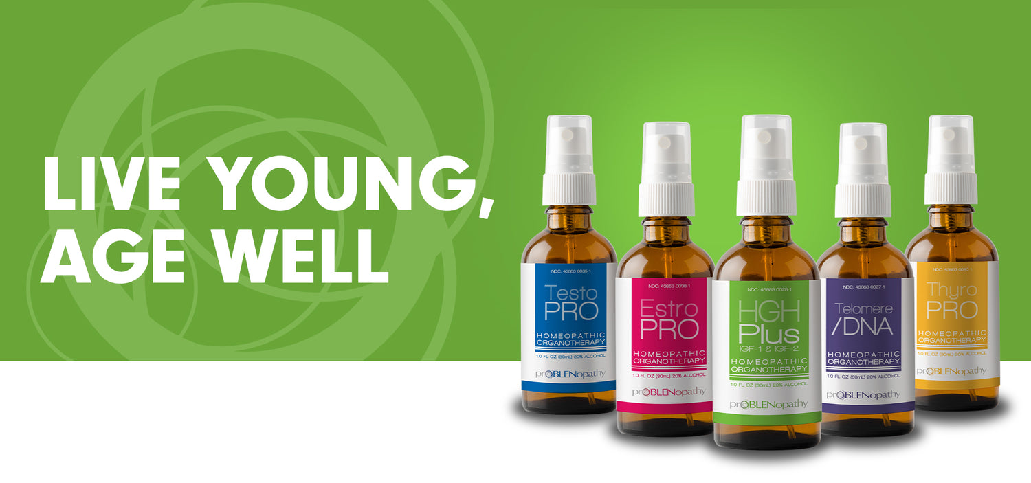 Row of proBLENopathy bottles with a green background and text 'Live Young, Age Well'.